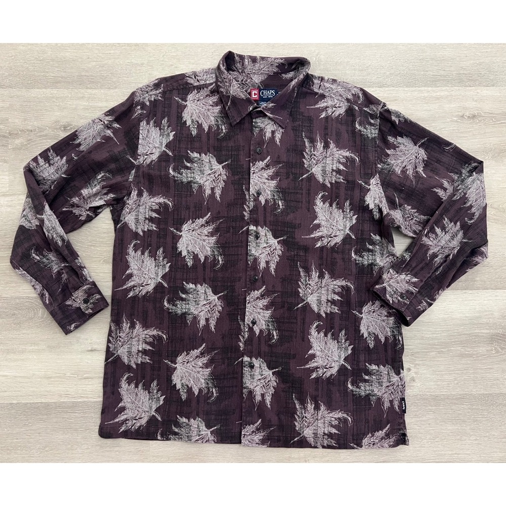 Chaps Mens XXL‎ Purple Maple Leaf Print Cotton Long Sleeve Button Down Shirt